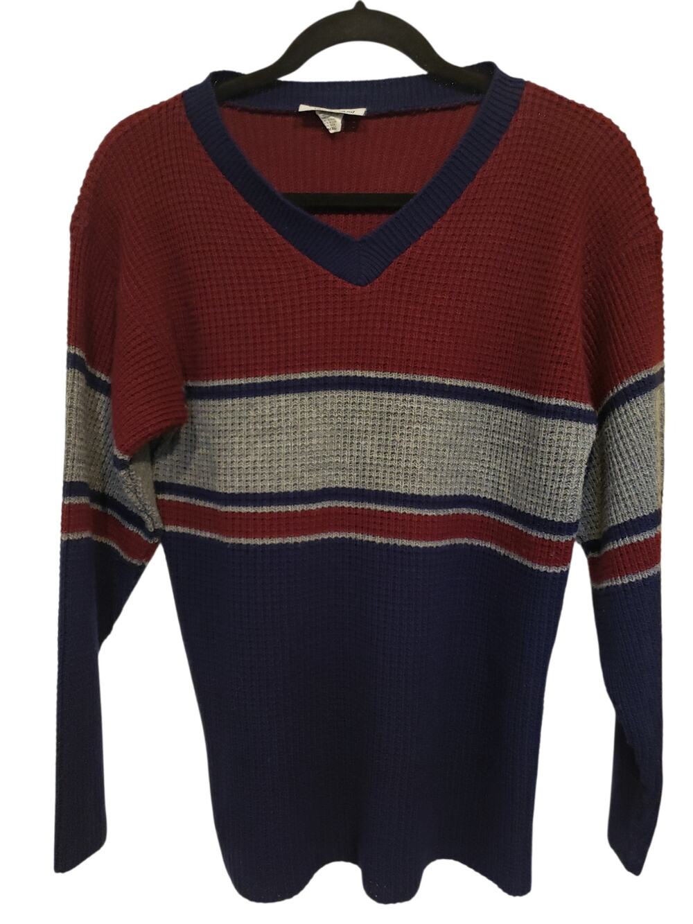 Vintage Arielle Sweater 90's Small, Red Blue Gray Stripe Knit V Neck